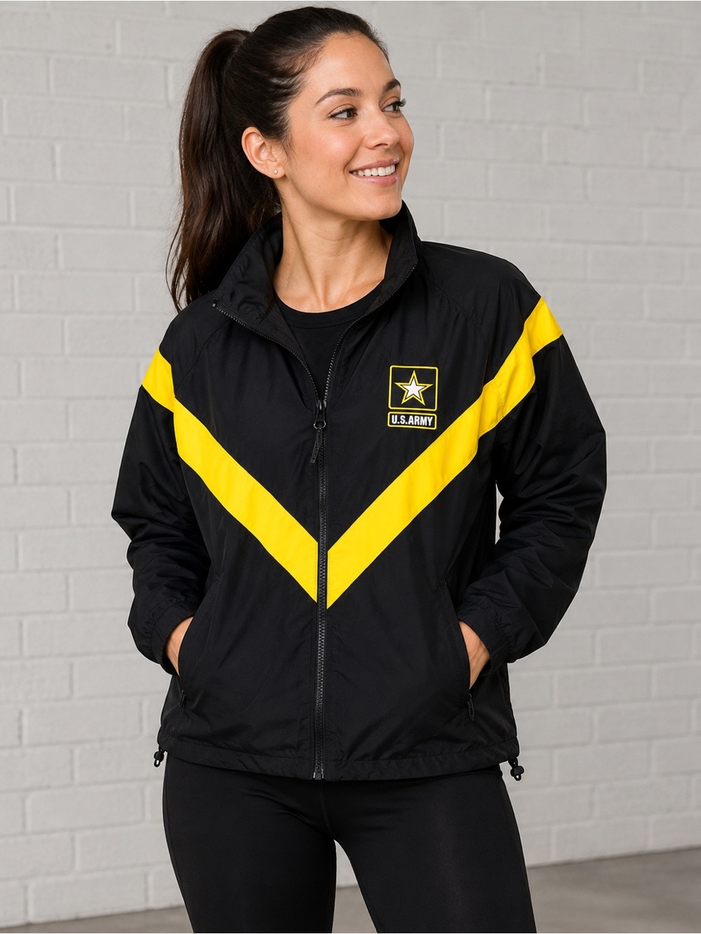 New US Army APFU Physical Fitness Uniform Jacket Black Yellow Female Med Regular